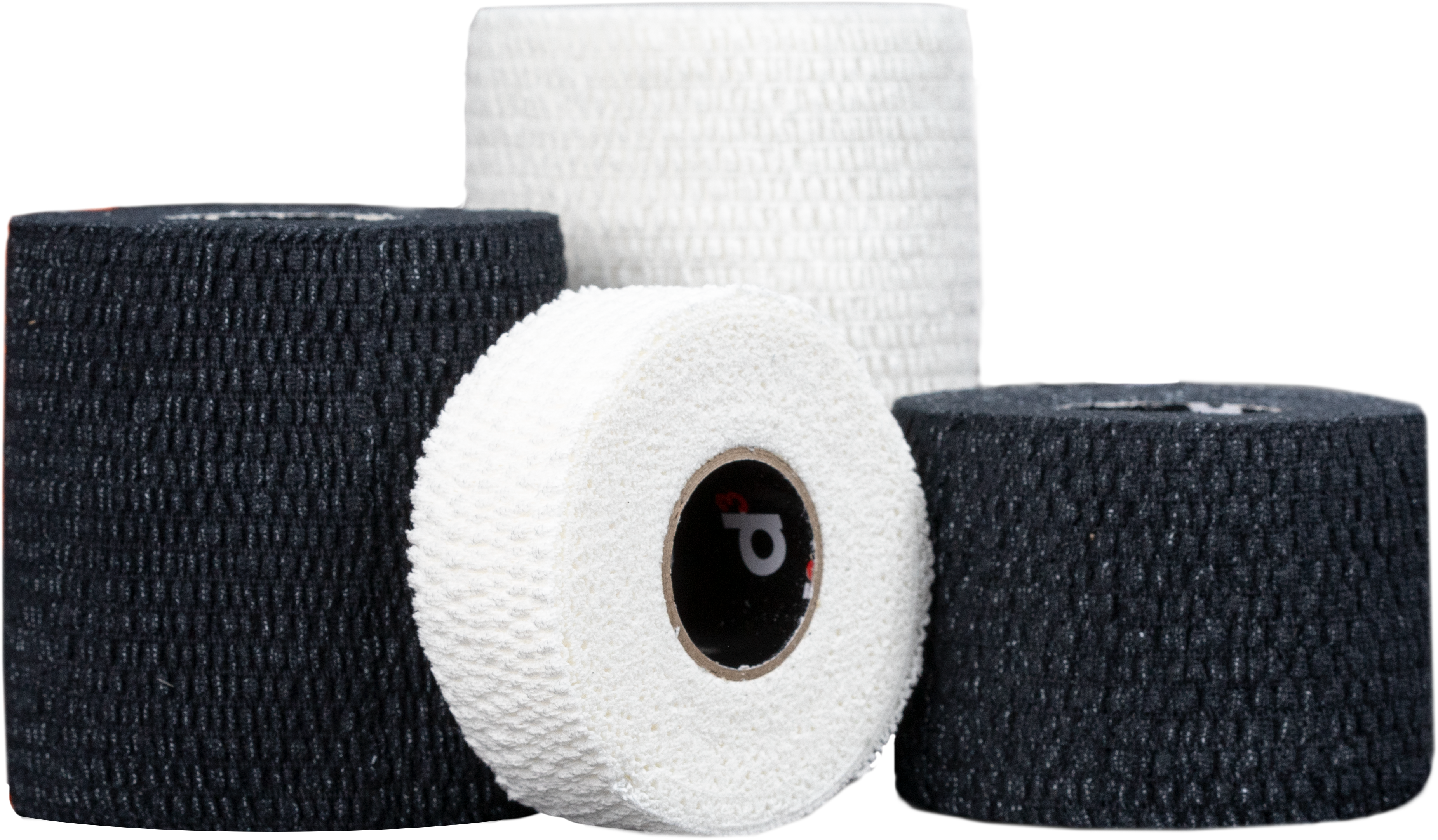 light EAB Spandex Bandage black and white showing 25mm 50mm 75mm and 100mm rolls